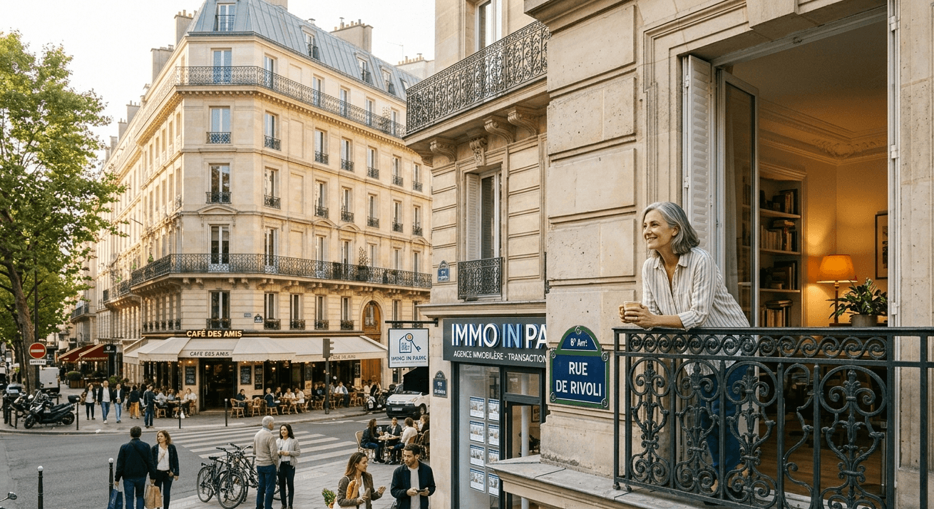 Habitante parisienne à sa fenêtre, parc haussmannien